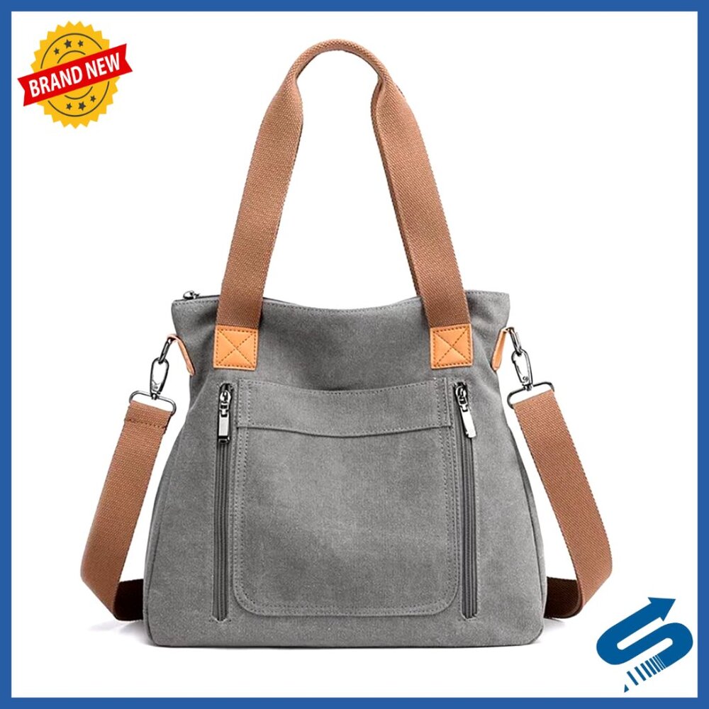 Canvas Hobo Bag Large Tote Shoulder Purse Casual Crossbody Shopper Multi-Pocket